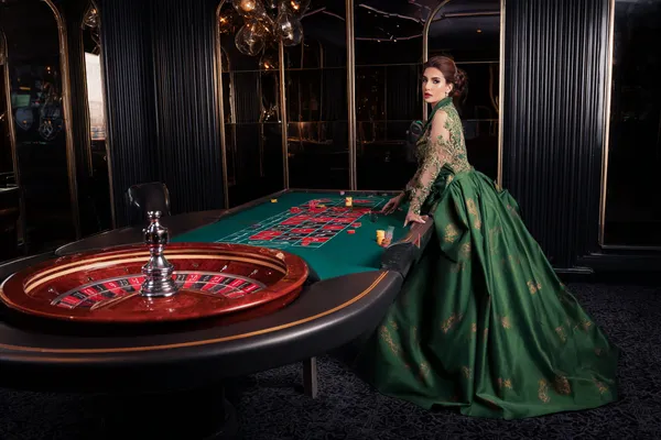 A glamorous woman holding casino chips in a neon-lit environment, representing the premium online casino atmosphere of SPORTYBEF.
