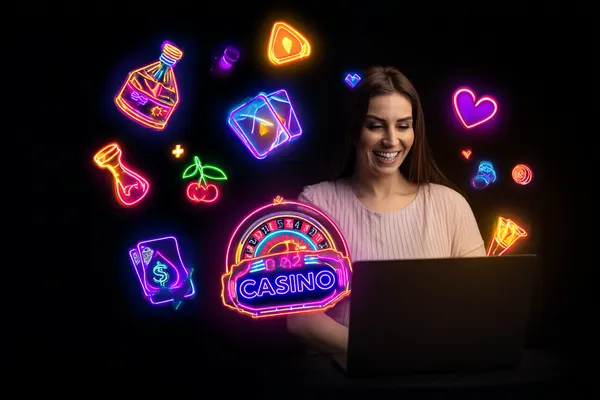 A woman smiling while playing online games on her laptop, surrounded by neon casino elements, showcasing SPORTYBEF’s diverse game collection.